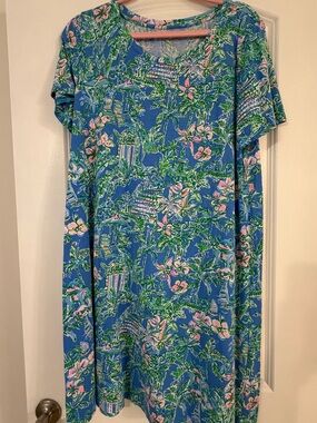 Lilly Pulitzer Blue Floral Midi Dress with Pink & Green Accents